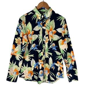 Lauren Ralph Lauren Womens Long Sleeve Button Down Shirt Sz L Navy Floral Office